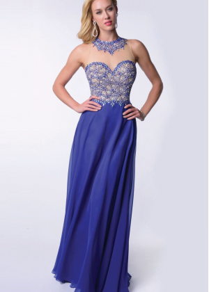 Jewel Neckline Beaded Royal Blue Chiffon Luxury Prom Dress